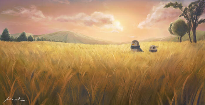 企鵝海豹夕陽草原場景插畫