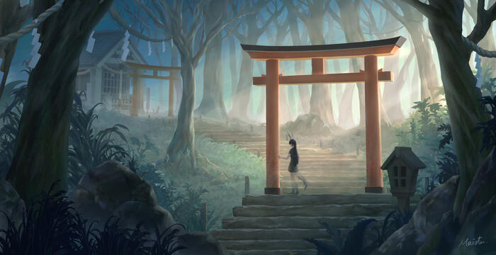 森林鳥居場景概念插畫