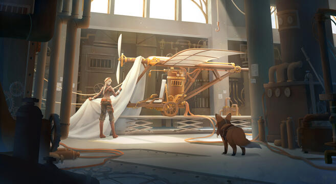 蒸氣龐克風格載具工作室概念插畫